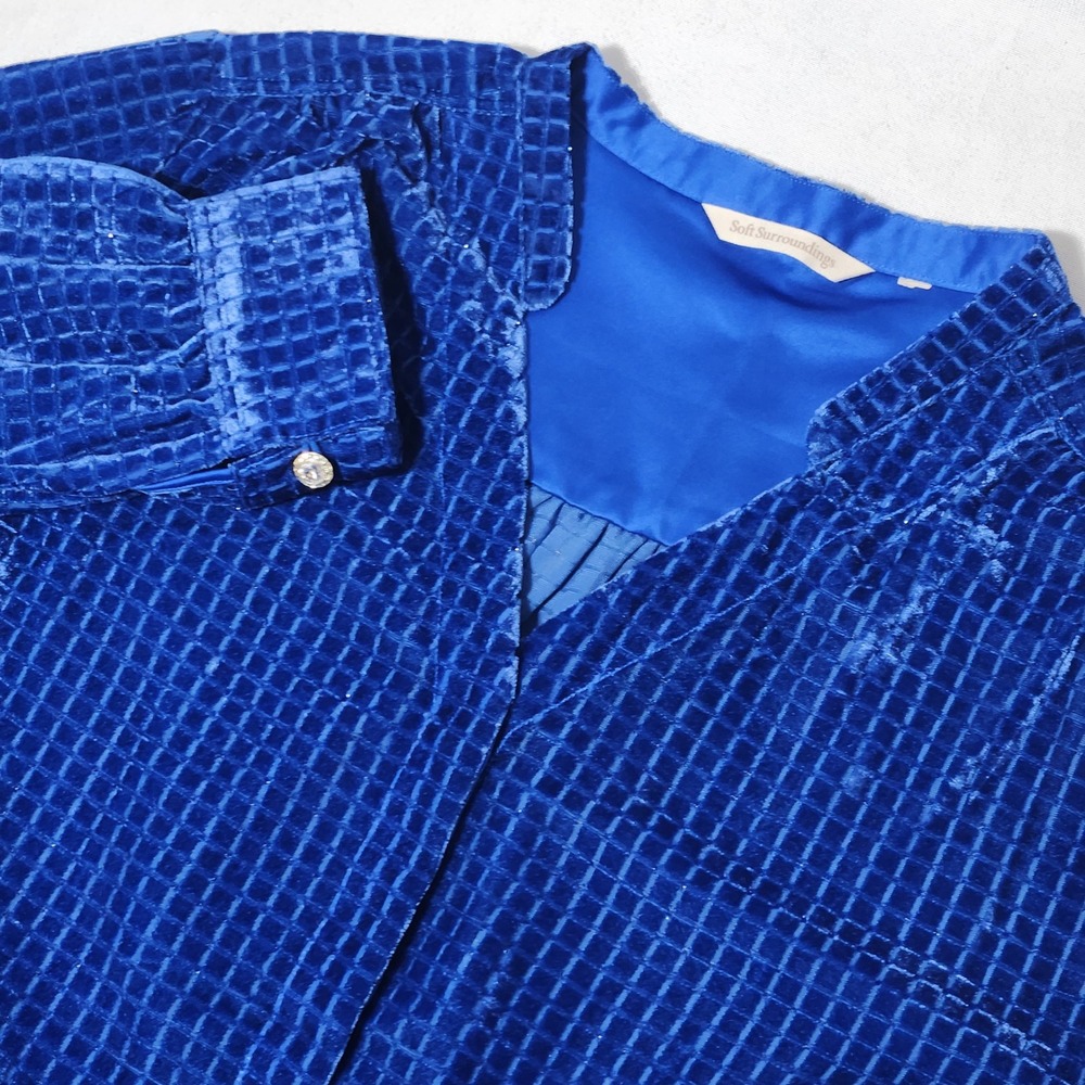 Soft Surroundings Royal Blue Zia Burnout Velvet Grid Blouse Split Neck Top sz L